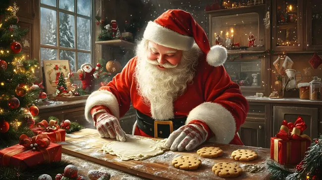 Fröhlicher Weihnachtsmann backt Plätzchen in winterlicher Küche