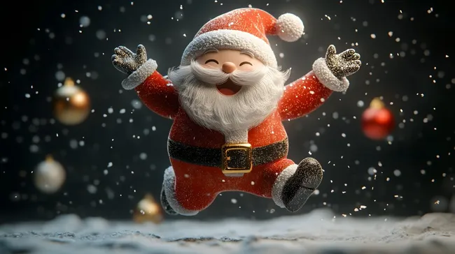 Fröhlicher Weihnachtsmann hüpft durch Schneegestöber