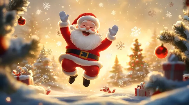 Fröhlicher Weihnachtsmann hüpft vor winterlicher Kulisse