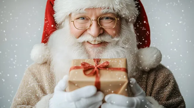 Fröhlicher Weihnachtsmann mit Geschenkpaket