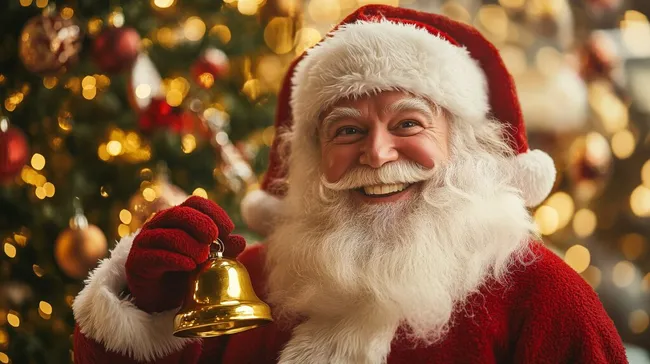 Fröhlicher Weihnachtsmann mit Goldglocke vor festlichem Tannenbaum