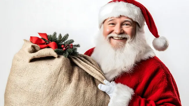 Fröhlicher Weihnachtsmann mit großem Geschenksack