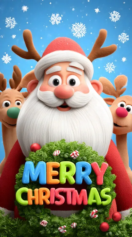 Fröhlicher Weihnachtsmann mit Rentieren und Schneefall