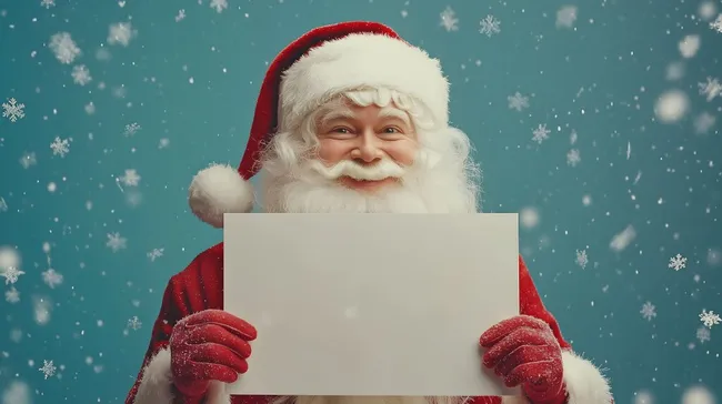 Fröhlicher Weihnachtsmann präsentiert Botschaft auf Tafel