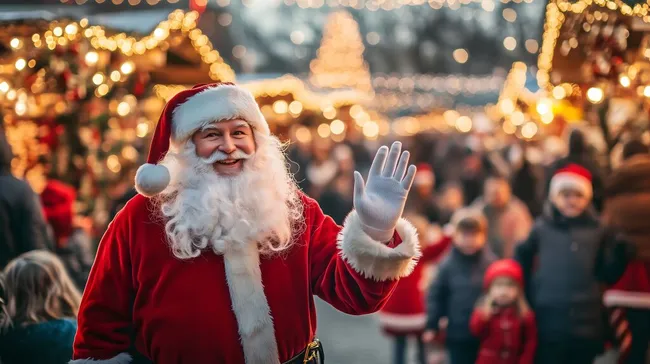 Fröhlicher Weihnachtsmann winkt auf festlichem Weihnachtsmarkt