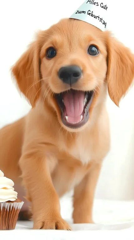 Fröhlicher Welpe mit Geburtstagskappe