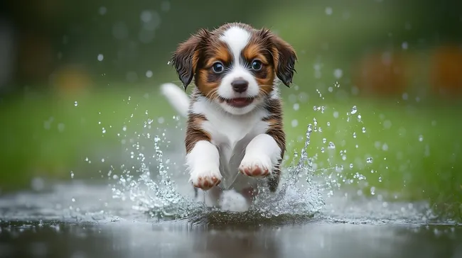 Fröhlicher Welpe springt durch Pfütze auf Wiese
