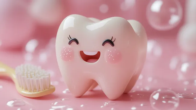 Fröhlicher Zahn mit Zahnbürste in kindlichem Design