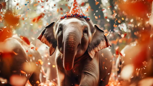 Fröhlicher Zirkuselefant mit Partyhut und Konfetti