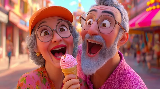 Fröhliches älteres Paar genießt Eiskrem am sonnigen Tag