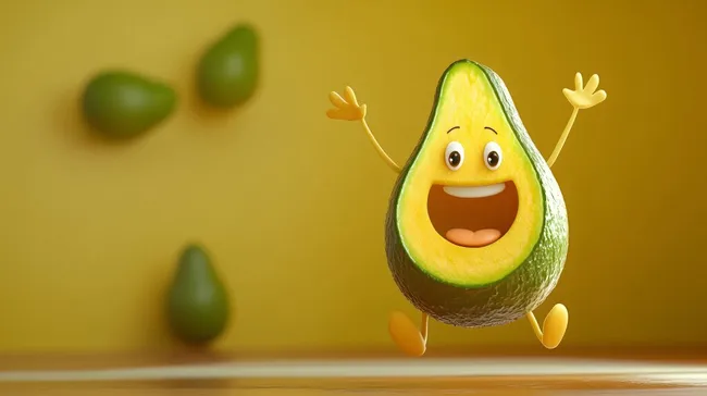 Fröhliches Avocado-Maskottchen vor gelbem Hintergrund