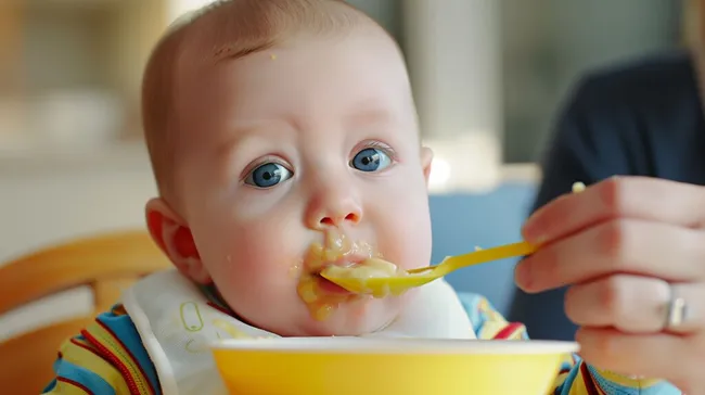 Fröhliches Baby genießt Mahlzeit mit Begeisterung