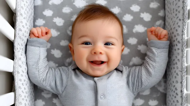 Fröhliches Baby im gestreiften Schlafanzug mit Armen nach oben im Babybett