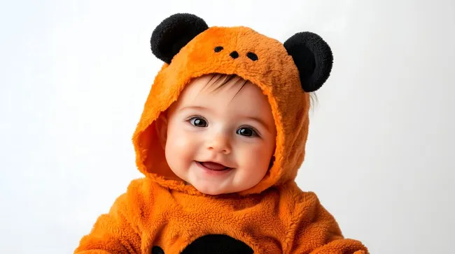 Fröhliches Baby in Bärkostüm auf weißem Hintergrund