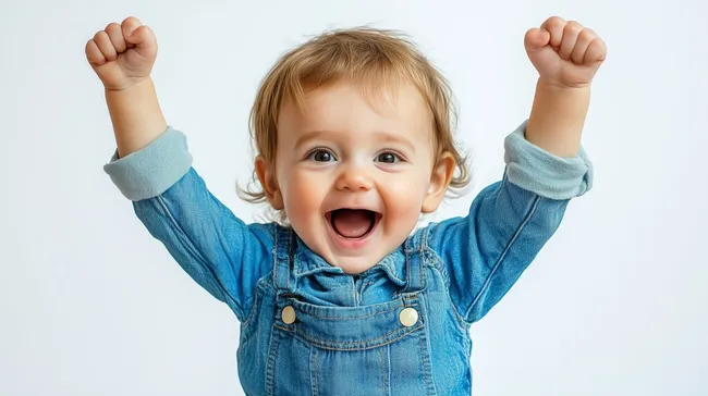 Fröhliches Baby in Jeans-Latzhose mit erhobenen Armen