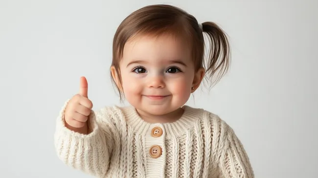 Fröhliches Baby mit Daumen hoch in gestrickter Jacke