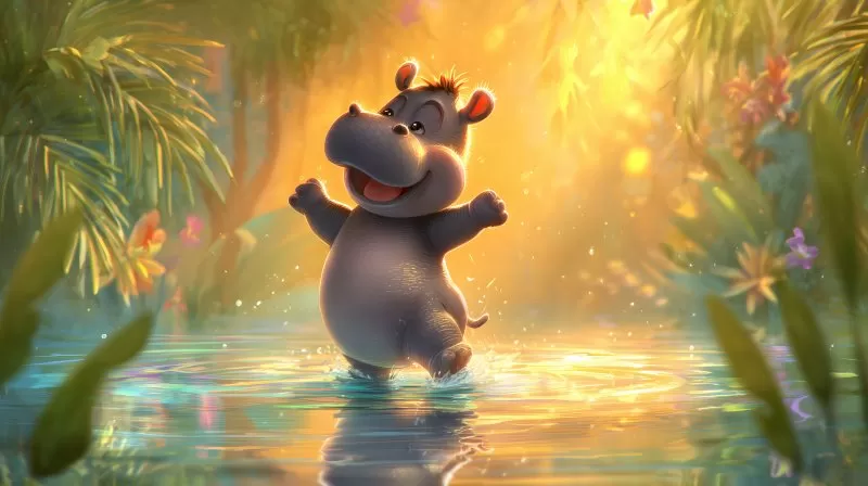 Fröhliches Baby Nilpferd tanzend im Wasser bei Sonnenlicht