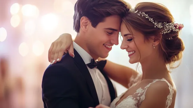 Fröhliches Brautpaar beim Hochzeitstanz