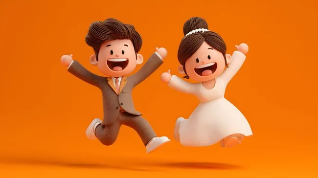 Fröhliches Brautpaar springt vor Freude