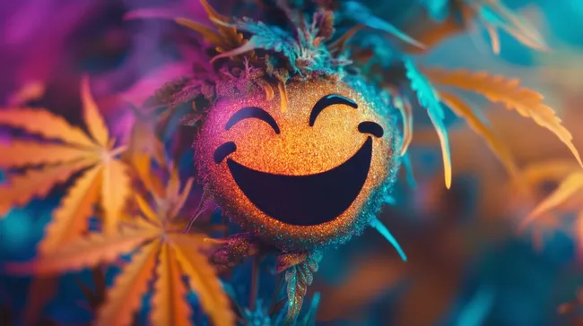Fröhliches Cannabissmiley in leuchtenden Farben