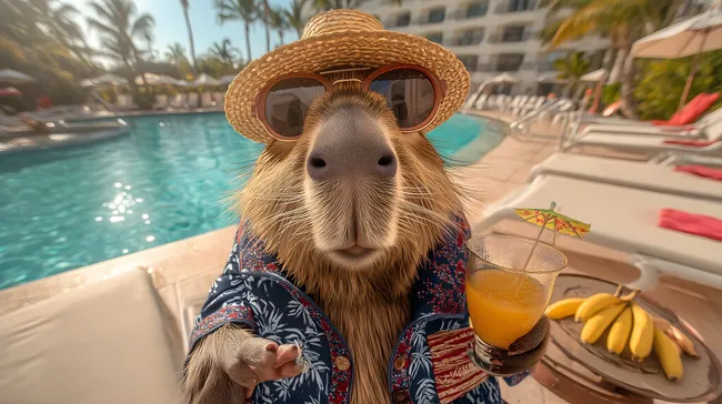 Fröhliches Capybara-Foto am Pool mit Cocktail