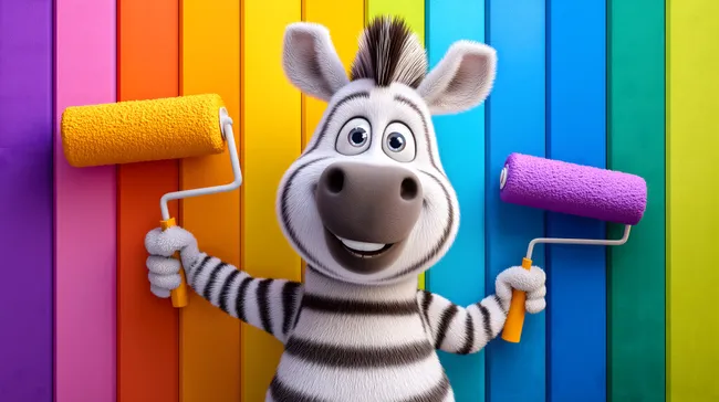 Fröhliches Cartoon-Zebra mit Farbwalzen vor bunter Wand