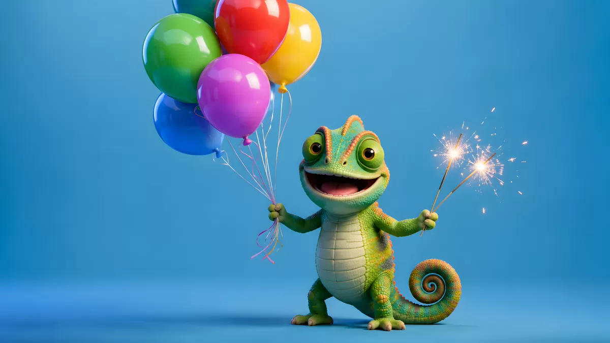 Fröhliches Chamäleon mit bunten Luftballons und Wunderkerze