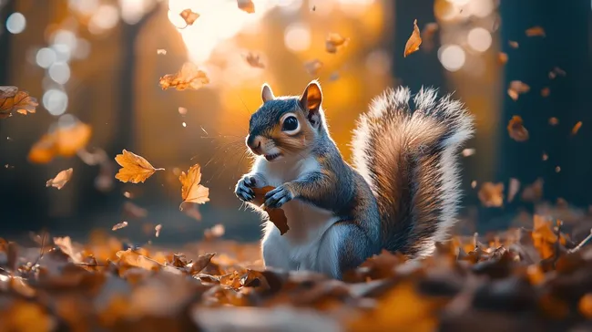 Fröhliches Eichhörnchen im goldenen Herbstlaub