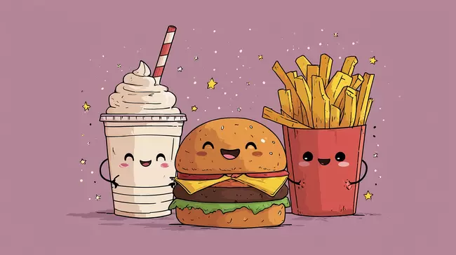 Fröhliches Fast-Food-Stillleben mit Burger, Pommes und Milchshake