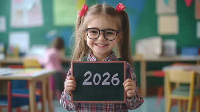 Fröhliches Grundschulkind mit Brille hält Tafel mit Jahreszahl 2026