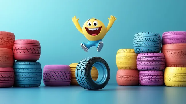 Fröhliches Gummimonster auf bunten Autoreifen