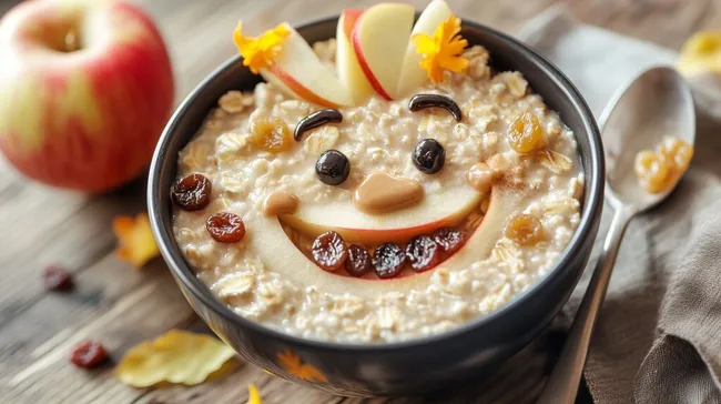 Fröhliches Haferbrei-Frühstück mit Obst