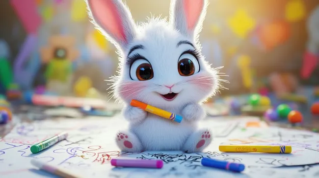 Fröhliches Hasenkuscheltier mit Buntstiften auf Kreativhintergrund