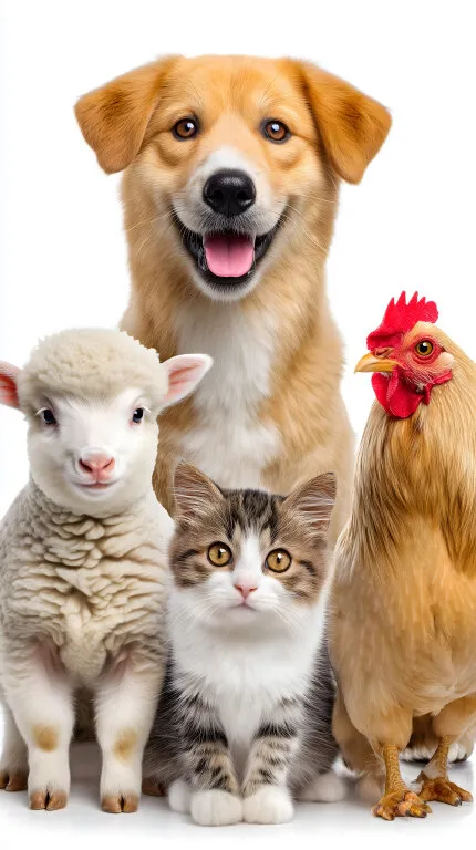 Fröhliches Haustier-Quartett: Hund, Katze, Schaf und Huhn