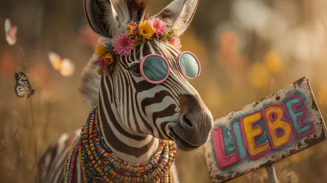 Fröhliches Hippie-Zebra mit bunten Blumen und Brillen