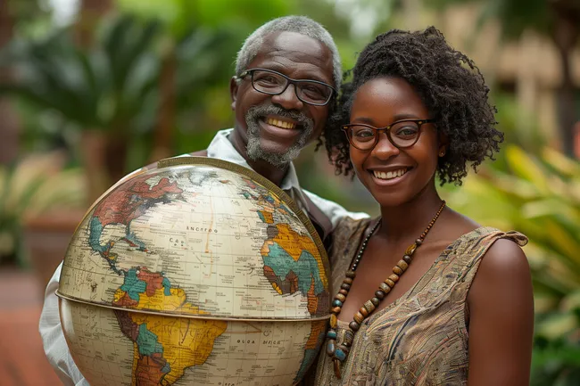 Fröhliches interkulturelles Paar entdeckt die Welt