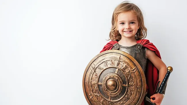 Fröhliches Kind im Gladiator-Kostüm mit Spielwaffen