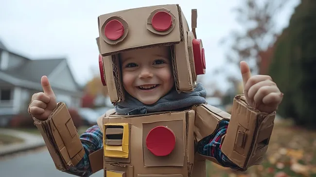 Fröhliches Kind im selbstgebastelten Roboterkostüm