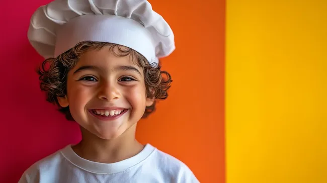 Fröhliches Kind in Kochuniform vor bunter Wand