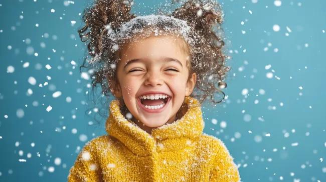 Fröhliches Kind lacht im Schneegestöber