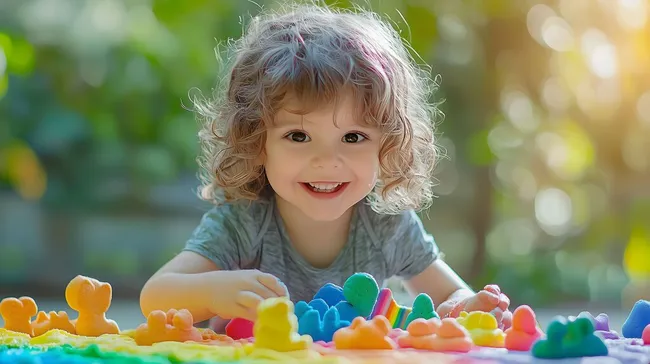 Fröhliches Kind spielt mit buntem Modellierton