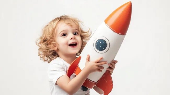 Fröhliches Kind spielt mit Spielzeugrakete