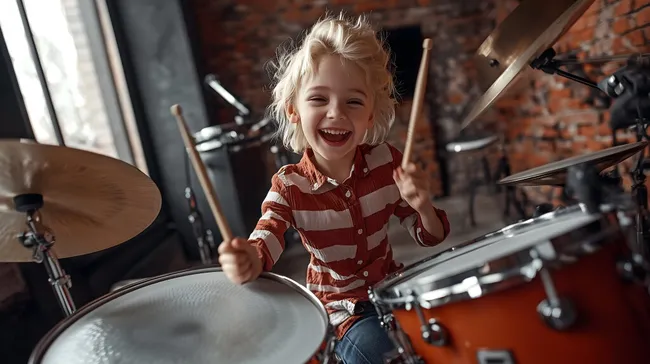 Fröhliches Kind spielt Schlagzeug in Musikraum