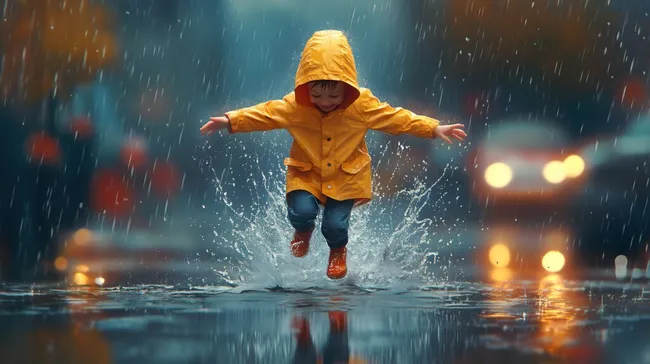 Fröhliches Kind springt in Pfütze bei Regenwetter