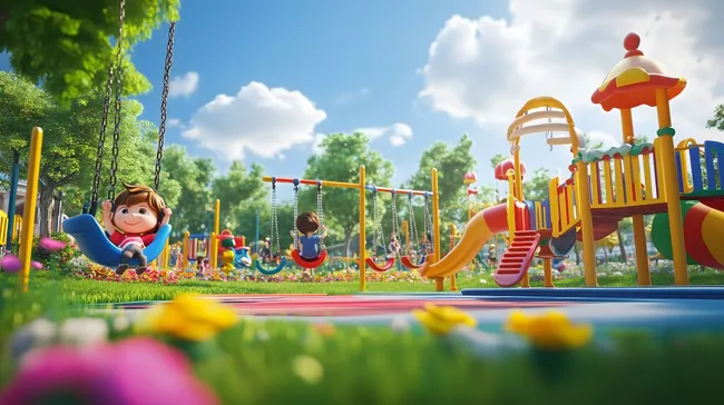 Fröhliches Kinderspiel auf buntem Spielplatz im Park