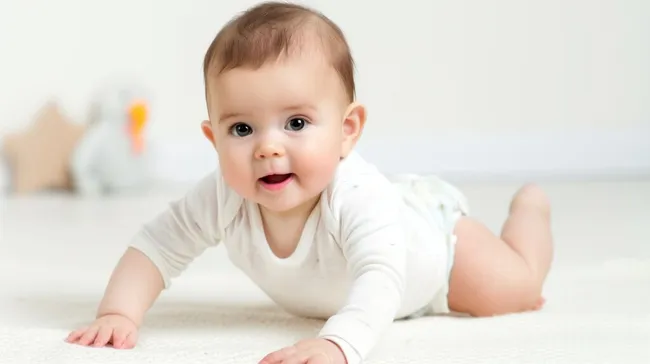 Fröhliches Kleinkind beim Krabbeln auf Teppich