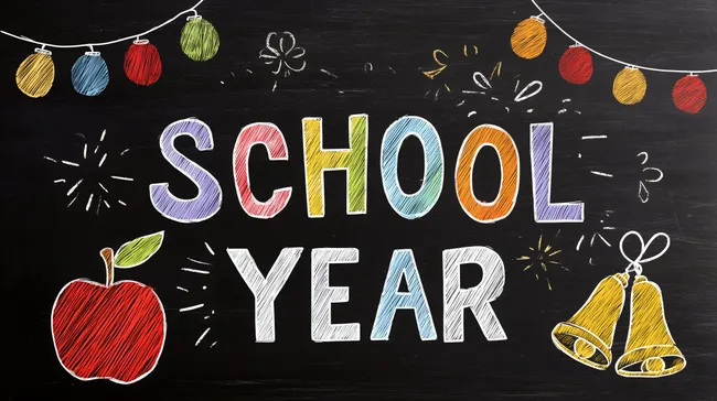 Fröhliches Kreide-Schuljahresbild mit Motiven