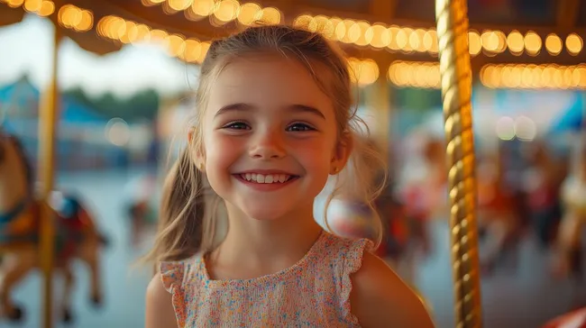 Fröhliches Mädchen auf buntem Karussell