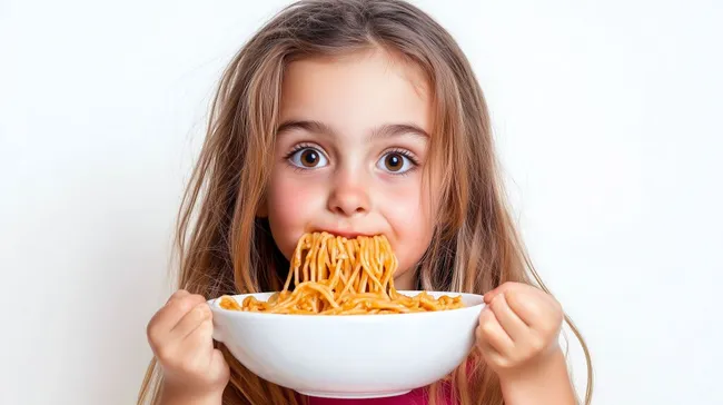 Fröhliches Mädchen beim Spaghettiessen