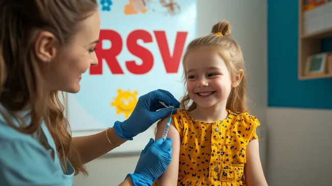 Fröhliches Mädchen erhält RSV-Impfung in Arztpraxis